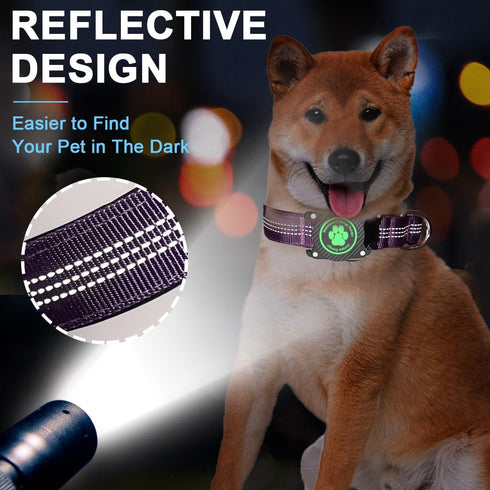 Airtag Dog Collar, Waterproof Holder, Luminous Reflective Adjustable Pet Collar for Heavy Duty Dogs, Purple, XL