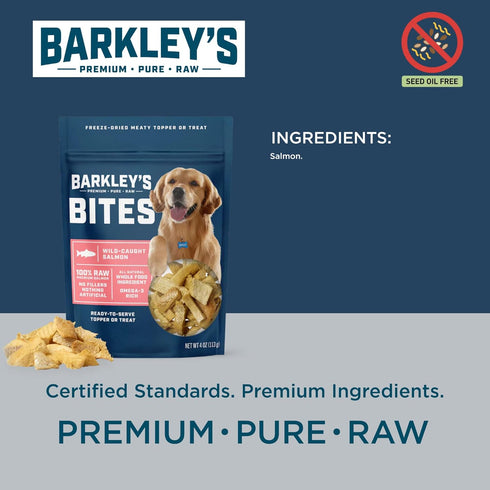 4 Oz (1 Pack) Barkleys Bag Salmon Bites, Freeze Dried Dog Treats and Food Topper, Made with Wild-Caught Salmon