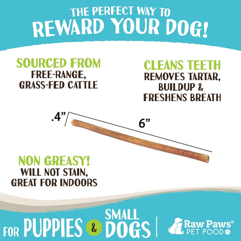 Raw Paws Thin Bully Sticks for Small Dogs, 6-Inch, 20 Count, Low Odor Chews for Puppies