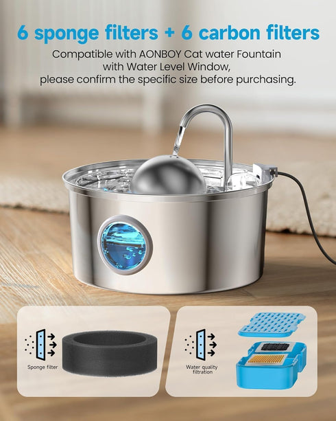 108oz/3.2L (8 +8 Cat Water Fountain with Water Level Window, AONBOY Cat Fountain, Dog Water Fountain Stainless Steel