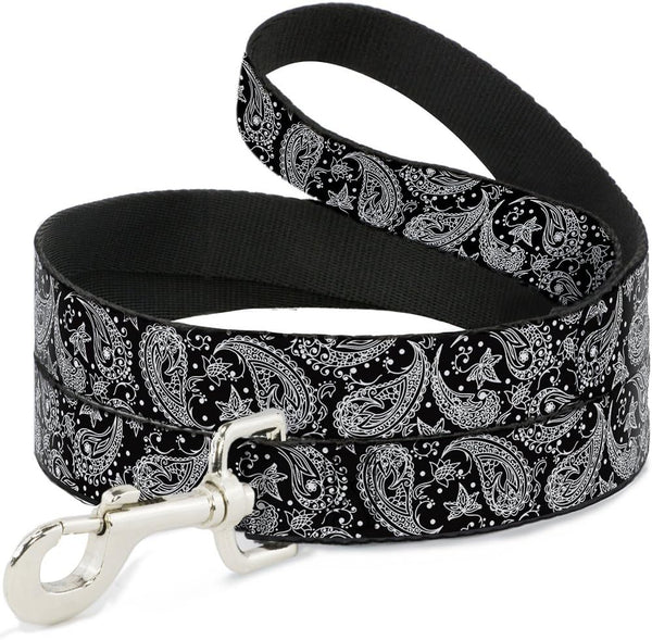 Dog Leash Floral Paisley, Black White 4 Feet Long 1.0 Inch Wide