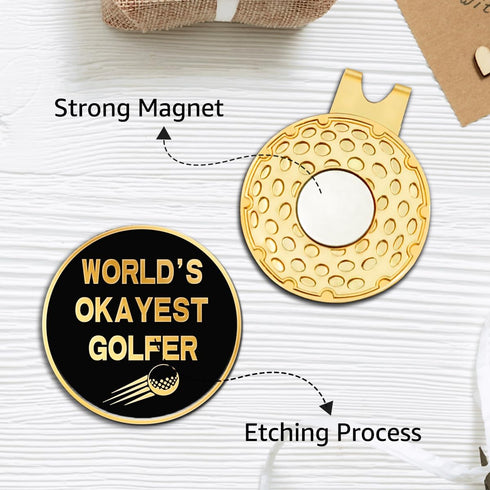 Hafhue World's Okayest Golfer Black Gold Golf Ball Marker with Hat Clip, Funny Gifts for Women Men Dad