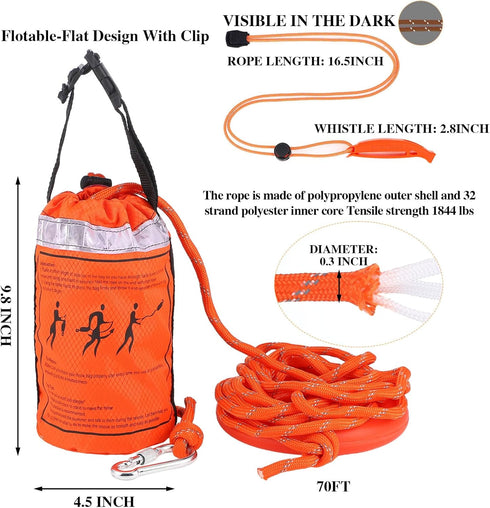 Water Rescue Throw Bag with 70ft Rope and 2 Emergency Whistles for Kayaking, Boating, Fishing