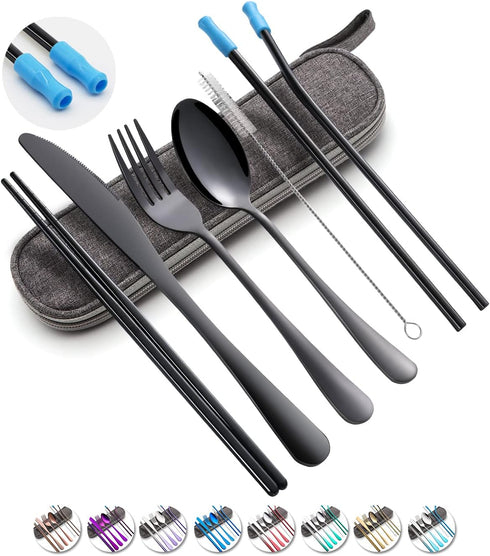 Travel Utensils Set with Case - Reusable Portable Stainless Steel Cutlery Set, 8pcs Including Knife, Fork, Spoon,