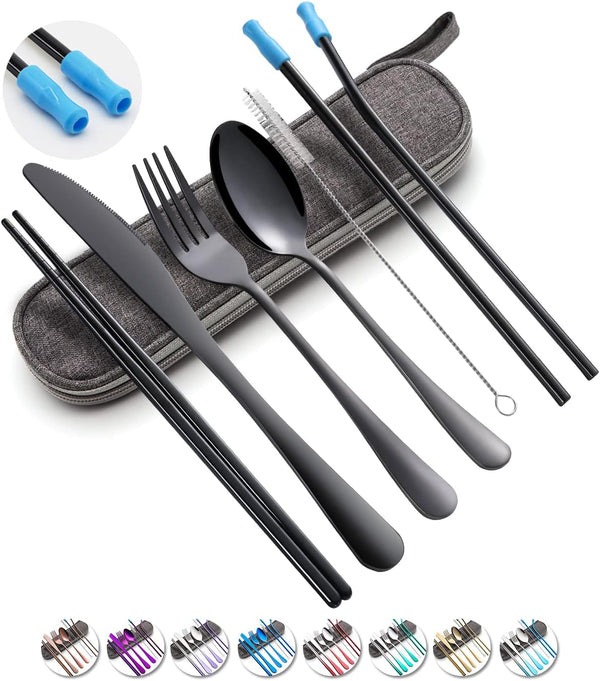 Travel Utensils Set with Case - Reusable Portable Stainless Steel Cutlery Set, 8pcs Including Knife, Fork, Spoon,