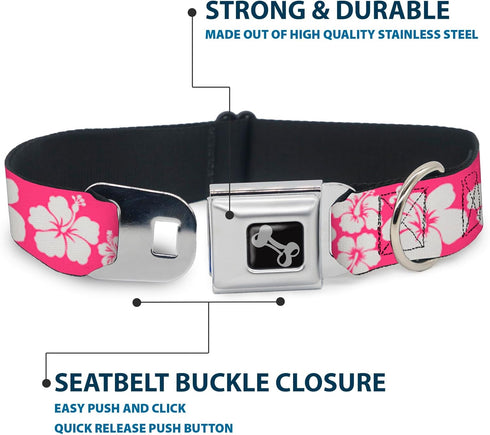 Buckle-Down Hibiscus Dog Collar Bone, Neon Pink/White, 1" Wide - Fits 9-15" Neck - Small