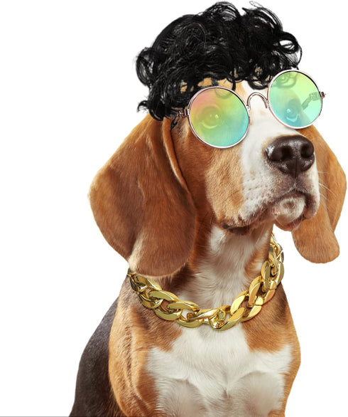 3 Pieces Dog Cosplay Wig, Cat Wigs, Classic Funny Pet Accessories Include 3 Pieces Retro Pet Round Sunglasses and 1