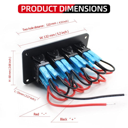 FXC Rocker Switch Aluminum Panel, 4 Gang Toggle Switches Dash, 5 Pin ON/Off, 2 LED Backlit for Boat Car Marine Blue