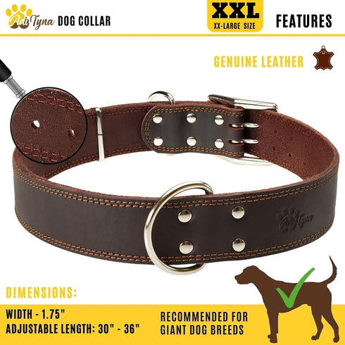 ADITYNA Big Leather Dog Collar, XXL for Giant Breeds like Mastiff (Fit 30" - 36" Neck, Brown)