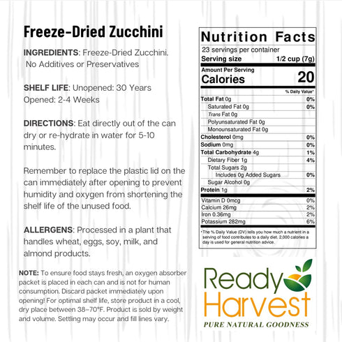 #10 25-Year Ready Harvest Freeze Dried Food - Zucchini | Emergency Vegetables | Canned Alternative | Can | Shelf Life |