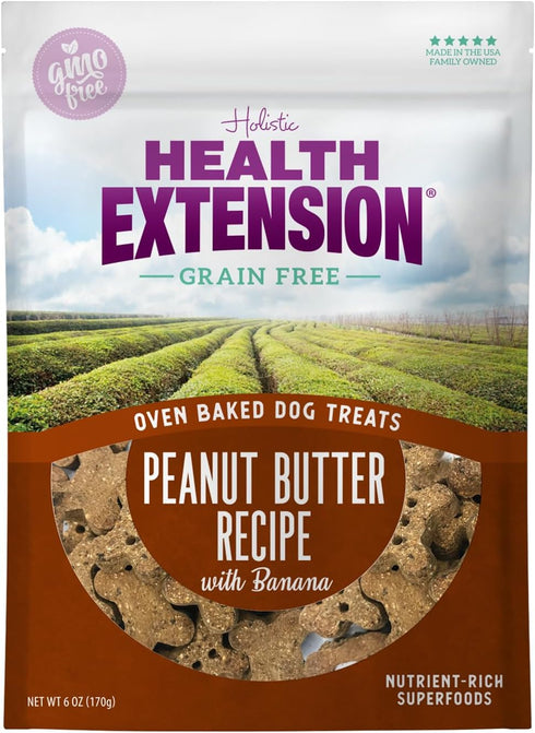 Health Extension Oven-Baked Dog Treats, 6oz, Peanut Butter & Banana Recipe, Gluten & Grain-Free, Crunchy Biscuits