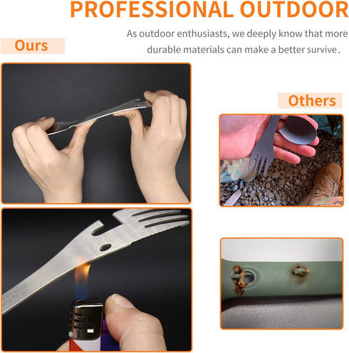 PSKOOK 5-in-1 Utility Tactical Spork, Stainless Steel Camping Utensil with Spoon, Fork, Knife, Can Opener
