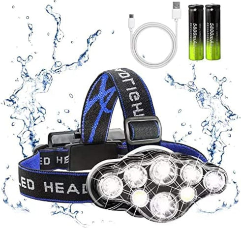 Rechargeable Headlamp, 8 LED 18000lm IPX4, Red Light Flashlight, USB Cable 8 Modes for Outdoors Camping Running Fishing