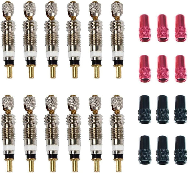 Presta Valve Core (12 Pack) and 12 Anodized Alloy Presta Valve Caps for Tubeless Road & MTB Bike
