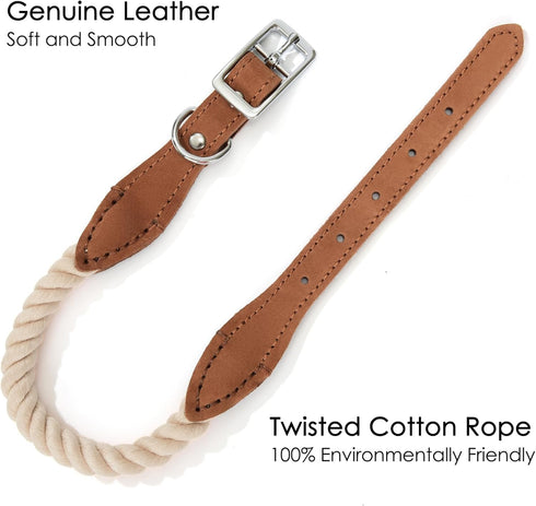 Mile High Life Rope Dog Collar | Durable Braided Cotton Rope Collars | Genuine Leather with Metal Pin Buckle (Beige)