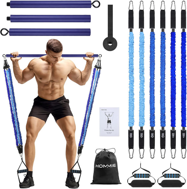 Hommie Portable Pilates Bar Kit with Resistance Bands for Men and Women, Upgraded 3 Section Bar for Home Gym