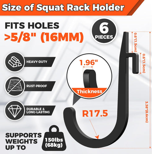 6 PCS J Hooks for Squat Rack,Power Rack Attachments for Home Gym Storage,Portale Squat Rack Accessories, Storage Hook