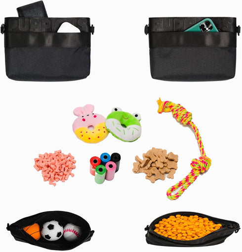 Dog Treat Pouch - Black, 3 Pockets, Waist/Shoulder Wear, Eco-Friendly Material, Poop Bag Dispenser