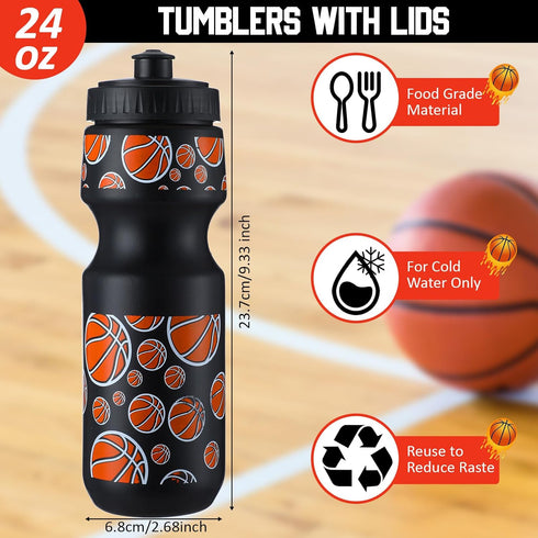 Hosuly 24 Pcs 24 oz Basketball Water Bottle Set, Drawstring Bag, 12 Reusable Plastic Tumblers for Party Favor (Orange,