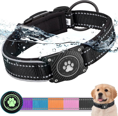 Airtag Dog Collar, Adjustable Nylon Pet Collar for Small Medium Large Heavy Duty Dogs, Waterproof Air Tag Holder,
