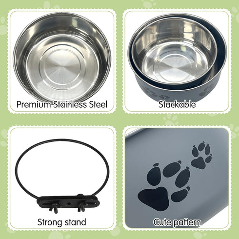 kathson 2 Pcs Dog Kennel Water Bowl - Stainless Steel No Spill Hanging Pet Food Water Bowl for Cats & Dogs (Gray)