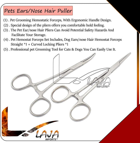 Pet Hemostat Forceps, Stainless Steel Ear Scissors for Dog and Cat, Straight and Bent, 5-inch