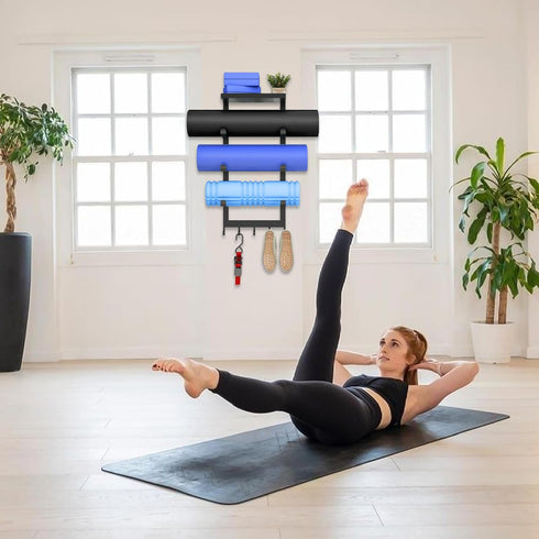 LSK Yoga Mat Holder Wall Mount, Black Storage Rack for Home Gym with 5 Hooks for Fitness Accessories