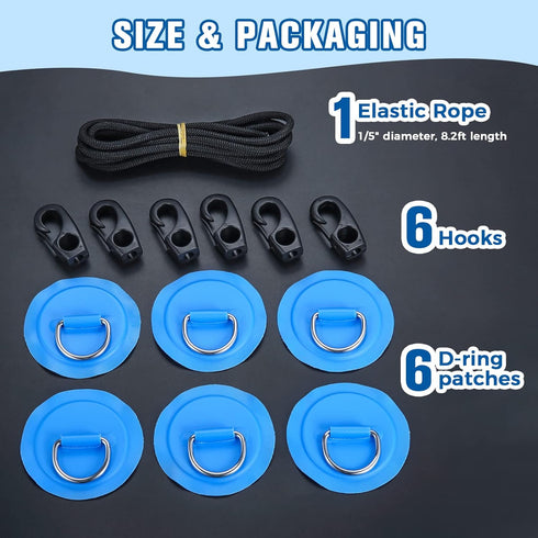 Yetaha 6 Pack Stainless Steel D Rings, 8.2ft Bungee Cord with Hooks Deck Rigging Kit for Inflatable Boat Kayak