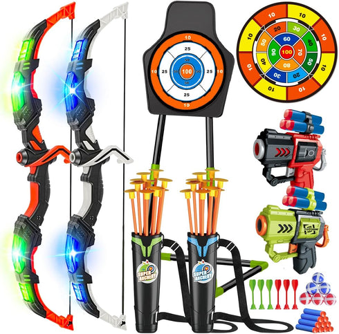 VATOS 2 Pack Bow and Arrow Toy - Light Up Archery Toy with Cup Suction Target & Dart Board for Indoor Outdoor Activity