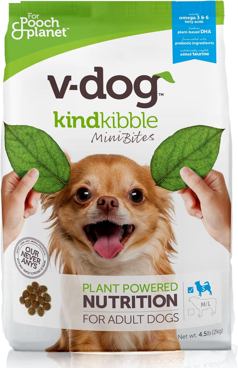 V-dog Vegan Mini Kibble Dry Dog Food, 4.5 LB, Plant-Based Protein for Sensitive Stomach and Skin, All Natural