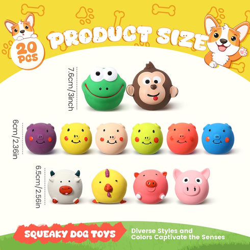 20 Pack Latex Dog Squeaky Toys - Soft Rubber Funny Animal Sets for Small, Medium Dogs, Interactive Fetch Play