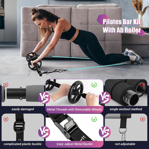 Pilates Bar Kit with Resistance Bands, Multifunctional Exercise Bar with Ab Roller for Weight Loss, Portable Home Gym
