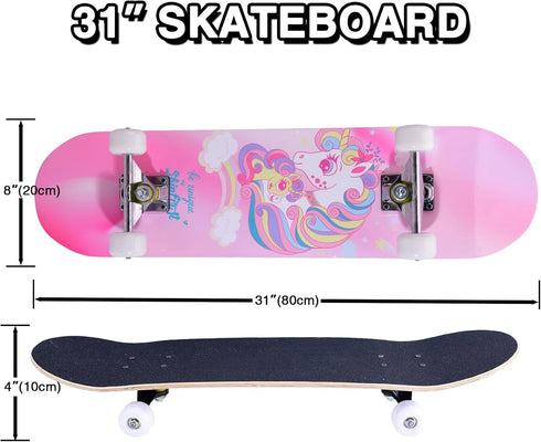 Skateboards for Beginners, Kids, Boys, Girls, Teens, and Adults - 31 Inch Complete Standard Skateboards with 7-Layer