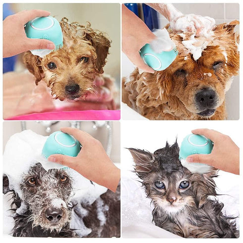 Soft Silicone Pet Bath Brush, Dog Shampoo Cleaning Brush with Soft Shampoo Dispenser for Puppy Dog Cat (Yellow)
