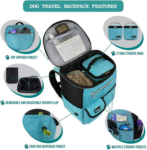 PetAmi Airline Approved Dog Travel Backpack - Teal Blue with Food Container and Collapsible Bowls