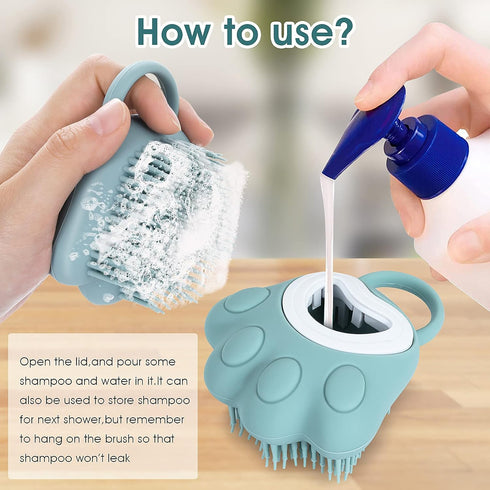 Dog Cat Bath Brush Comb - Silicone Rubber Grooming Brush with Soft Shampoo Dispenser (Blue Paw Shape)