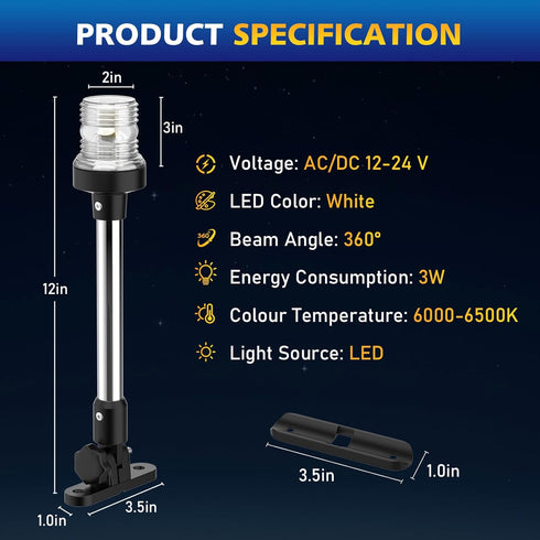 12 Inches IP67, 3NM Pontoon Stern Light Bimini Mount, Bimini Light for Pontoon Boat LED Waterproof Boat Anchor Lights