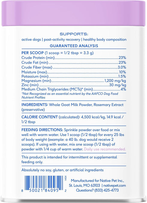Immune 60 Native Pet Goat Milk Powder - Dog Food Topper for Active Dogs - Post-Activity Recovery, Energy, Support