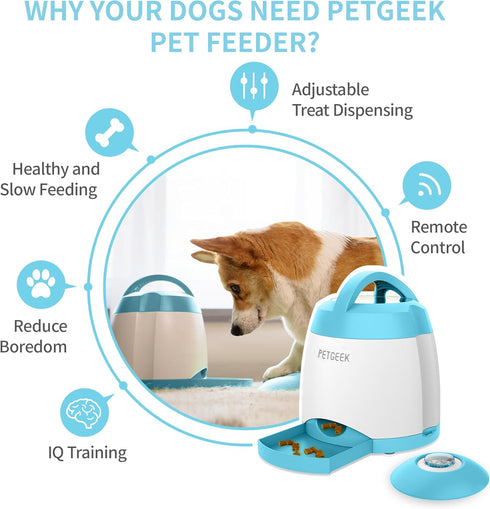 PETGEEK Dog Treat Dispenser with Button, Automatic Dog Feeder with Remote Control and Dual Power Supply, Dogs Puzzle