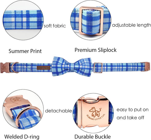 Elegant little tail Dog Collar with Bow, Blue Plaid Boy Dog Collar, Adjustable for Small Puppies and Dogs