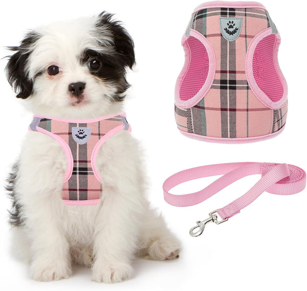 KOOLTAIL Small Dog Harness and Lead Set - Soft Mesh Plaid Puppy Harness with Safety Buckle, Adjustable & Comfortable