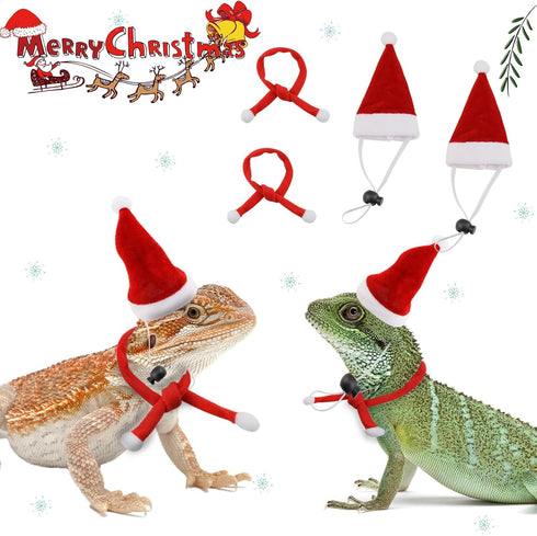 2 Pack Christmas Bearded Dragon Lizard Hat and Scarf, Small Animal Guinea Pig Christmas Costume Clothing (2A-Red)