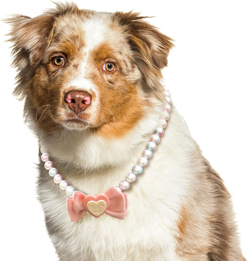 KUDES Adjustable Dog Necklace, Elegant Princess Style Pink Pearl Collar with Bow for Female Dogs, 2XL (18.8-21.6 Inches)