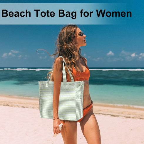 LEDAOU Large Waterproof Beach Tote Bag for Women, Sandproof Zipper Tote for Pool Gym Grocery Travel with Wet Pocket