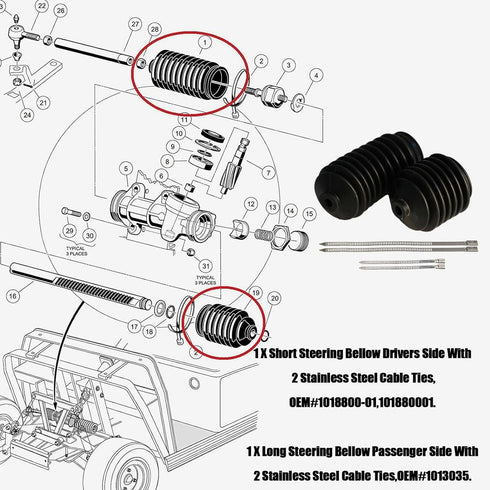 Steering Bellows with Stainless Steel Cable Tie - Fits Club Car DS Gas and Electric Passenger Side