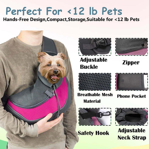 Pet Dog Sling Carrier, Puppy Pet Slings Bag for Small Dogs Cats, Breathable Mesh Hand Free with Adjustable Strap (Red,