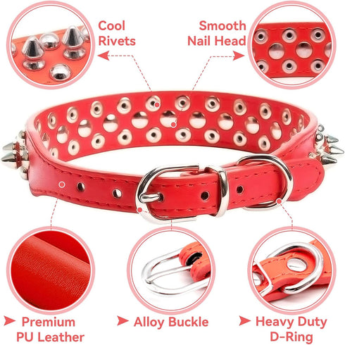 Spiked Soft Leather Dog Collar, Adjustable Anti Bite Studded for Small Medium Large Dogs (Red, L)