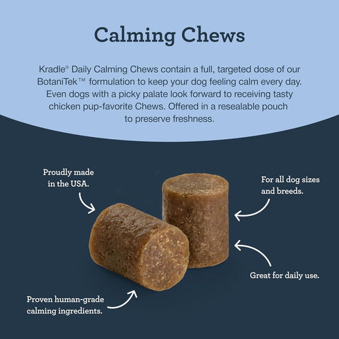 Kradle Calming Chews - Daily Stress Relief Support for Dogs - Bite Size, Chicken Flavor - Human Grade Calming Chews with Soothing Ingredients - for All Dog Breed & Sizes - 75 Soft Chews