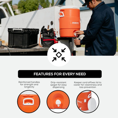5 Igloo Gallon Portable Sports Cooler Water Beverage Dispenser with Flat Seat Lid, Insulated Beverage Dispenser