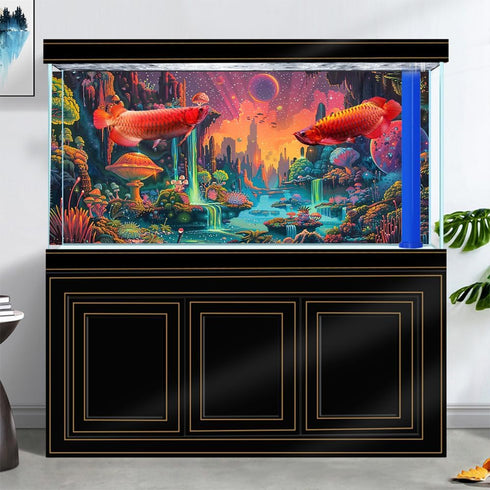 Colorful Galaxy Space Planet Aquarium Background: Waterfall Landscape Tapestry with Fantasy Mountain Wave Design